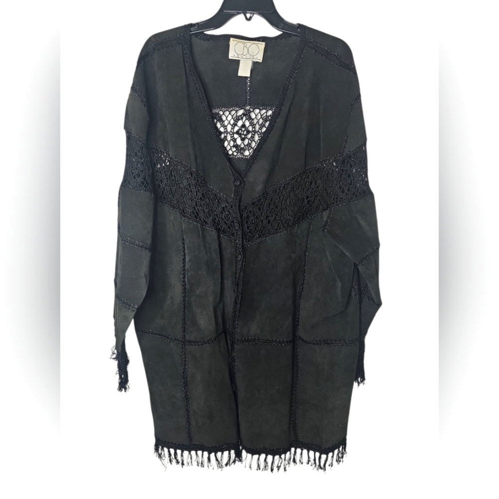 Vintage CBO Leather Crochet Patchwork Goth Boho Long Jacket With Fringe Size 3x